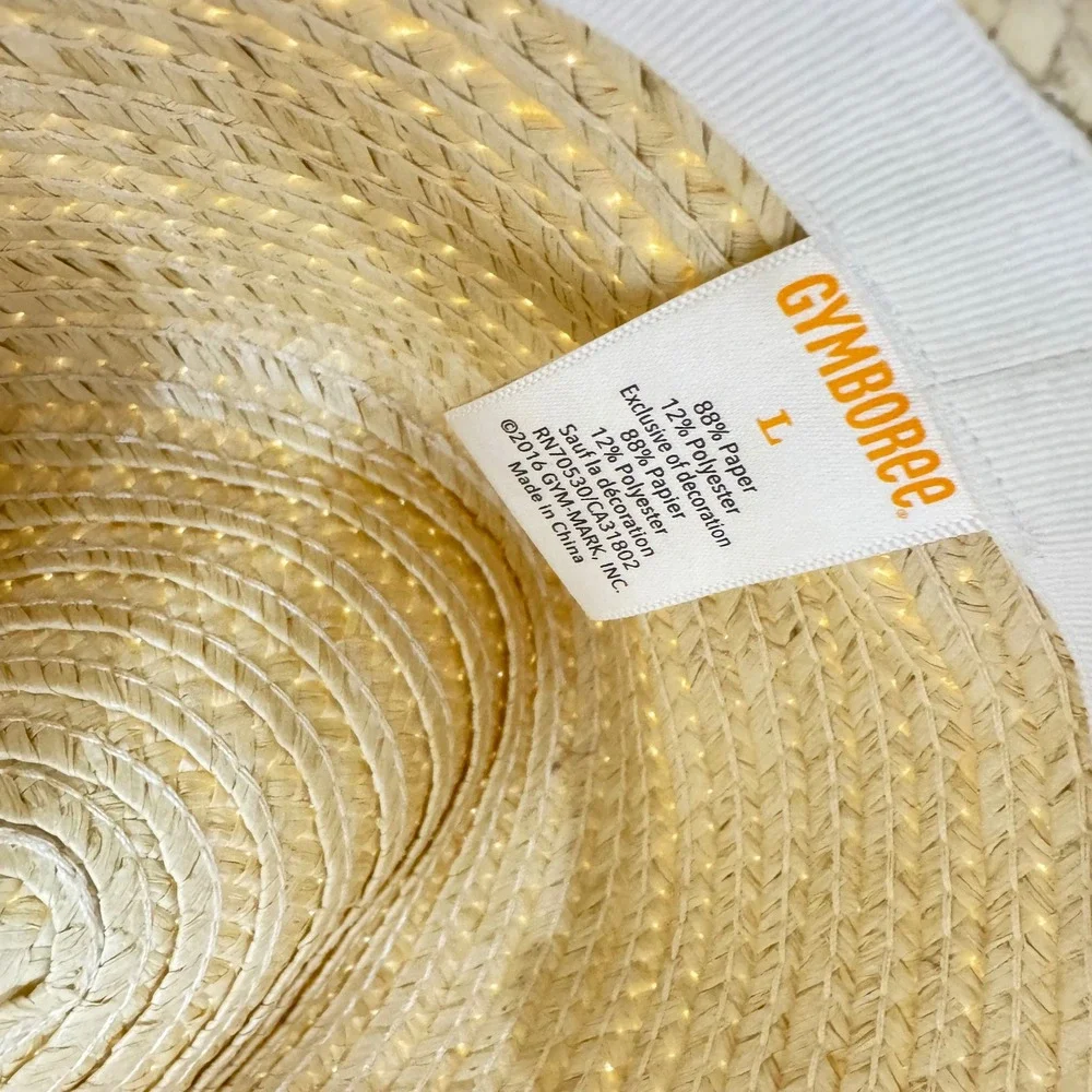 Y2K Chic Gymboree Girls Straw Fedora Hat‎ Pink Bow Tan Paper Sun Hat Size L BOHO